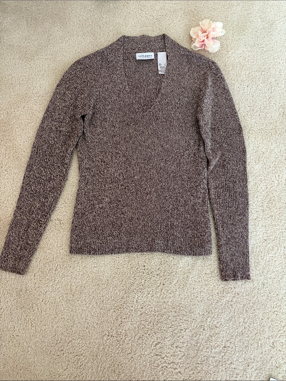 villager Women's Marled Brown vintage V-Neck Sweater, SP